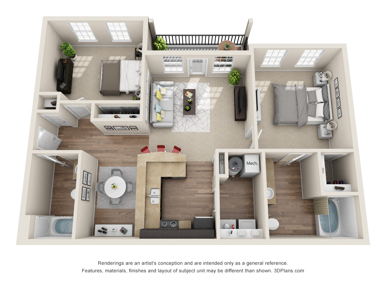 Floor plan for 2 beds, 2 baths, 1062 sqft